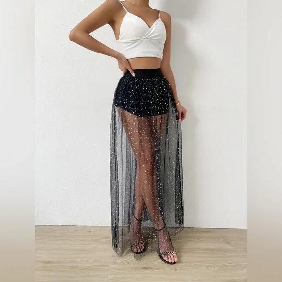 3/$15 Galaxy Mesh Sheer Glitter Moon Star Silver Gold Costume Skirt Size Small - Picture 3 of 7